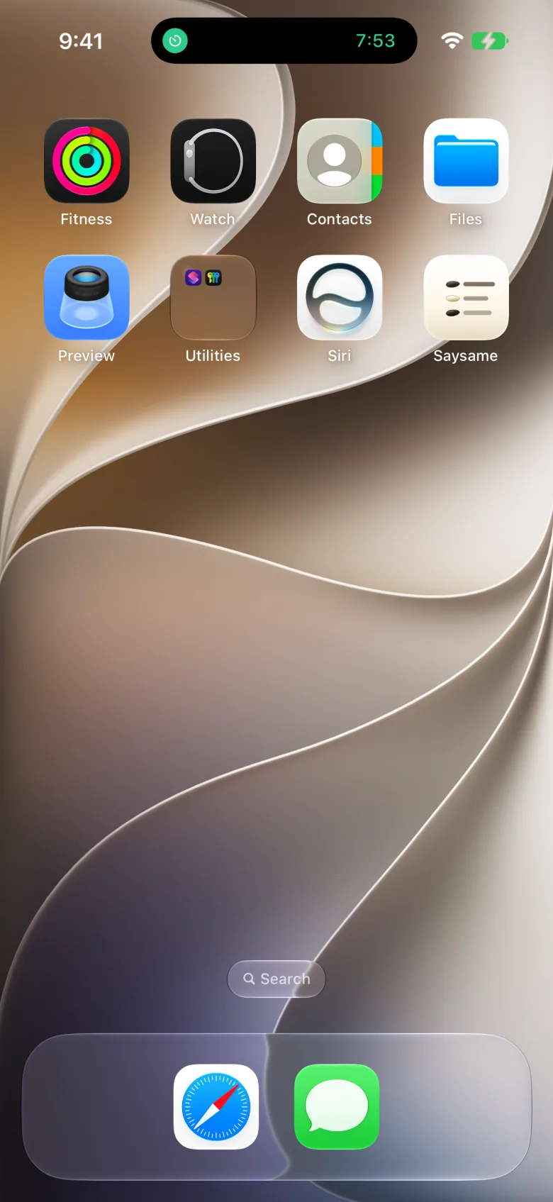 iPhone Home Screen with a Saysame countdown showing in the Dynamic Island