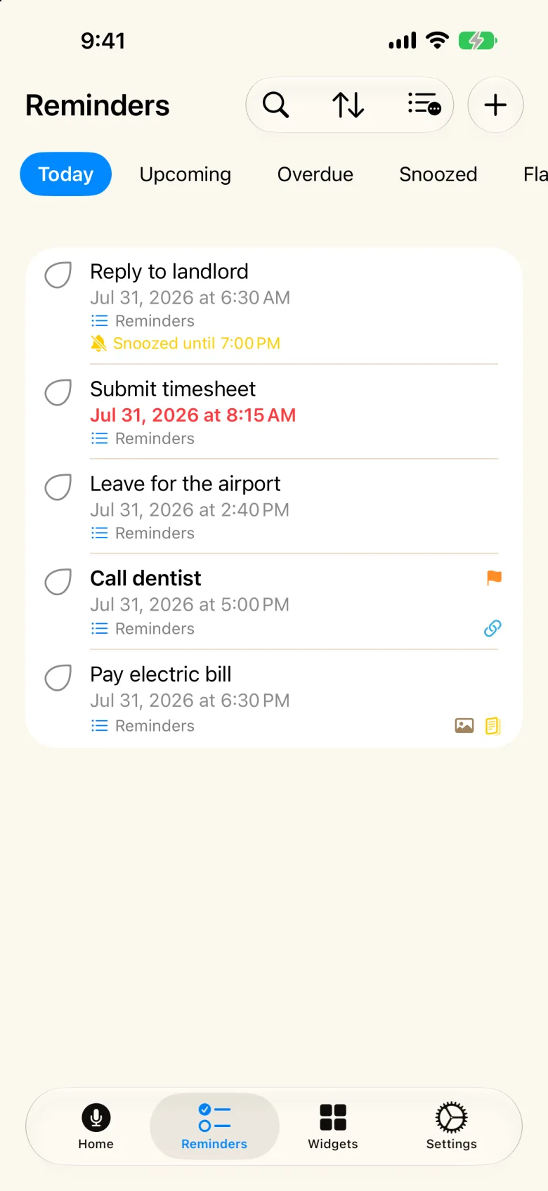 Saysame reminders list showing Today segment with snoozed, overdue and flagged reminders