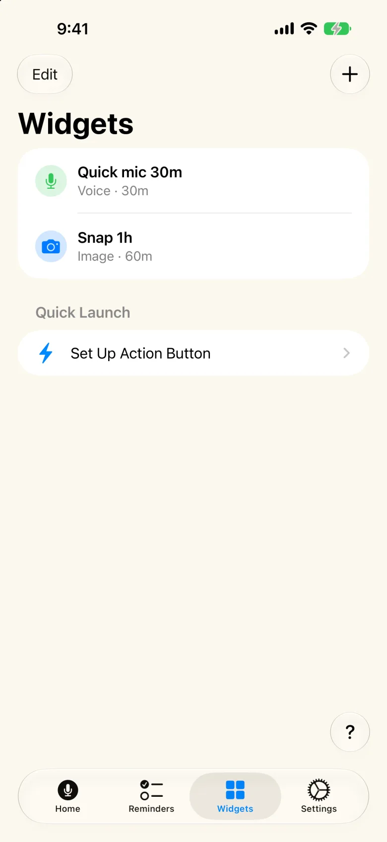 Saysame widgets tab with Quick mic 30 minutes and Snap 1 hour presets, plus Action Button setup